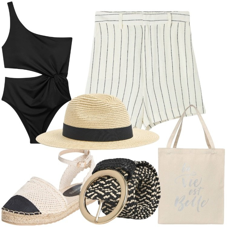 Outfit donna - Casual relax. Stile Casual chic per Mare. Abbinamento con bermuda, borse tote, cappelli, costumi interi, espadrillas, cinture.