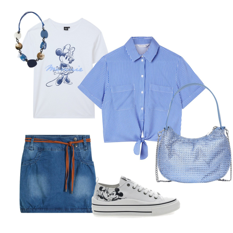 Outfit donna - Minnie. Stile Casual per Tutti i giorni. Abbinamento con minigonne, camicie a manica corta, t-shirt, borse a spalla, sneakers, collane.