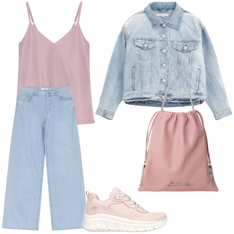 Outfit donna - Sportiva a lezione. Stile Casual per Scuola/Università. Abbinamento con blazer, jeans, borse a secchiello, top, sneakers.