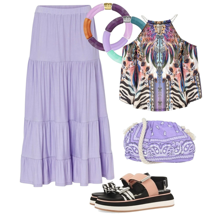 Outfit femme - En Mai, fait ce qu’il te plaît. Style Ethnique pour Tous les jours. Assortir avec t-shirts, jupes, bracelets, sandales, sacs en bandoulière, bracelets.