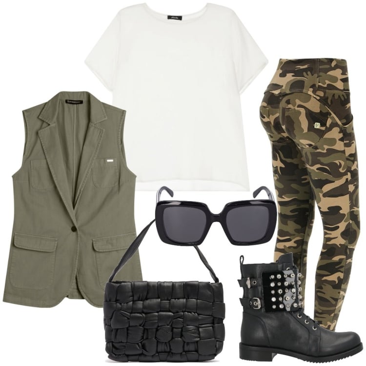 Outfit donna - I pantaloni mimetici. Stile Military per Tutti i giorni. Abbinamento con stivaletti, gilet, pantaloni skinny, t-shirt, occhiali da sole, shopping bag.