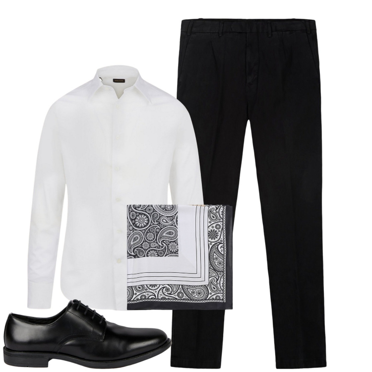 Outfit uomo - Serata. Stile Business/Elegante per Serata speciale. Abbinamento con sciarpe e foulard, pantaloni, scarpe stringate, camicie.