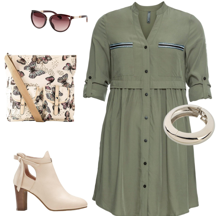 Outfit donna - Bellissimo. Stile Basic per Tutti i giorni. Abbinamento con stivaletti, occhiali da sole, vestiti chemisier, borse a tracolla, braccialetti.