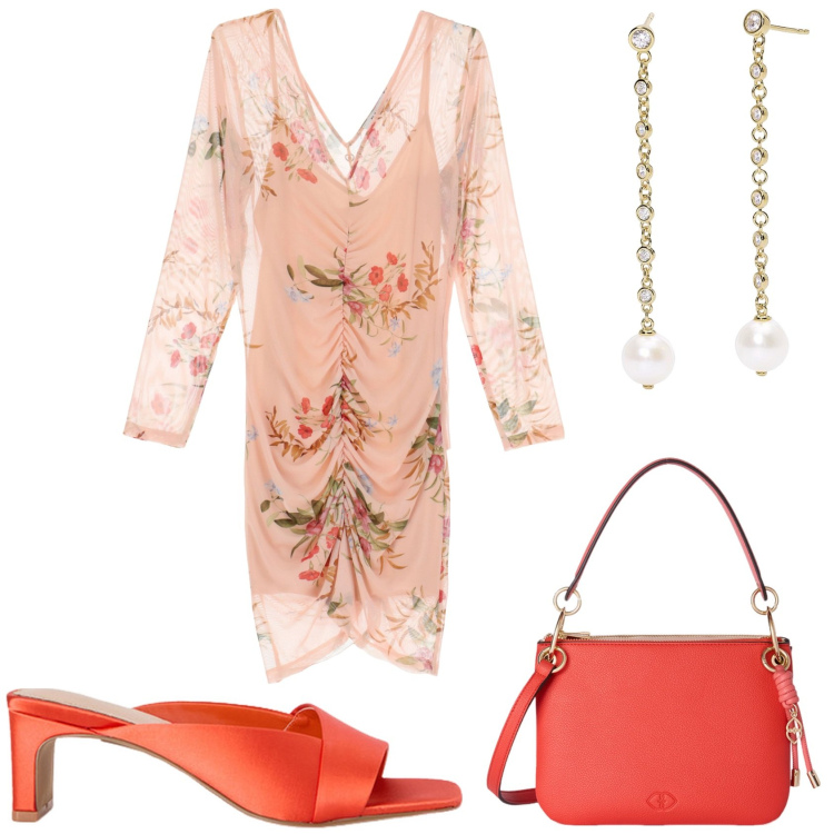 Outfit donna - Evento. Stile Chic per Tutti i giorni. Abbinamento con orecchini, vestiti corti, borse a tracolla, sabot.