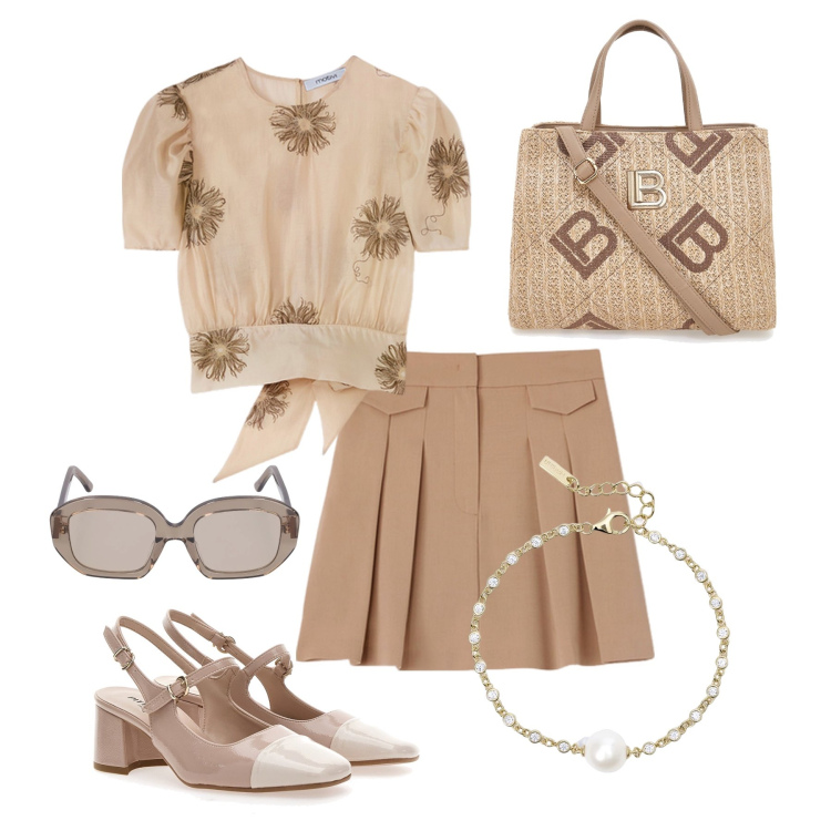 Outfit donna - Perfetta per tutto il giorno. Stile Bon Ton per Tutti i giorni. Abbinamento con braccialetti, décolleté, bluse, occhiali da sole, borse a tracolla, gonne.