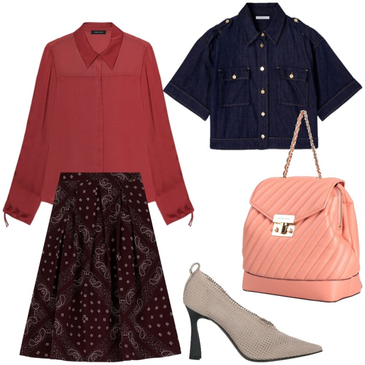 Outfit donna - Dall\' ufficio all\' aperitivo serale. Stile Casual chic per Tutti i giorni. Abbinamento con zaini, décolleté, gonne longuette, camicie, camicie a manica corta.