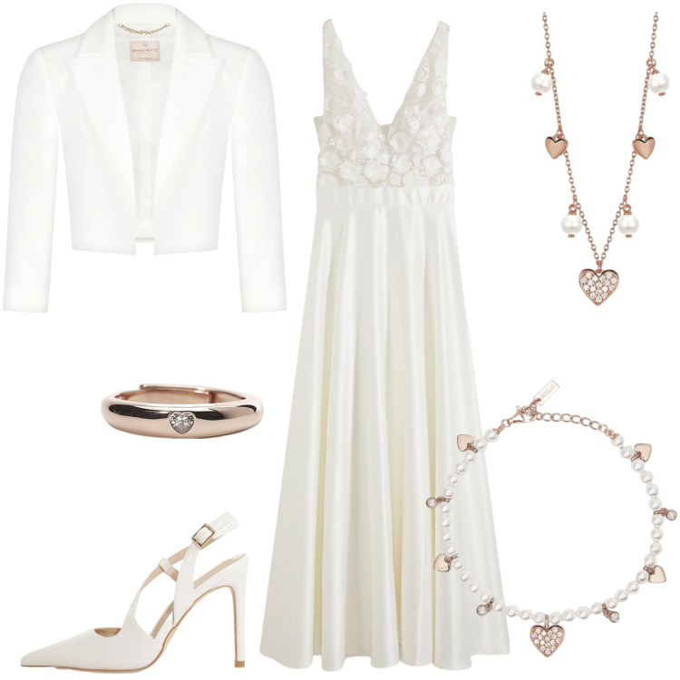 Outfit donna - Sposa a maggio: outfit € 402. Stile Chic per Cerimonia. Abbinamento con vestiti, braccialetti, collane, anelli, bolero, décolleté.