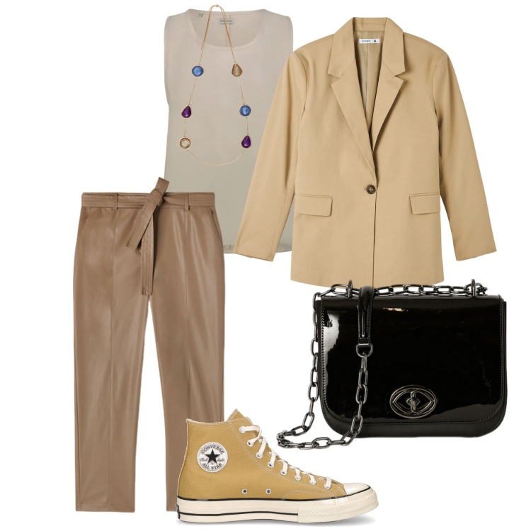 Outfit donna - In città. per Tutti i giorni. Abbinamento con blazer, top, sneakers, pantaloni, collane, borse a tracolla.