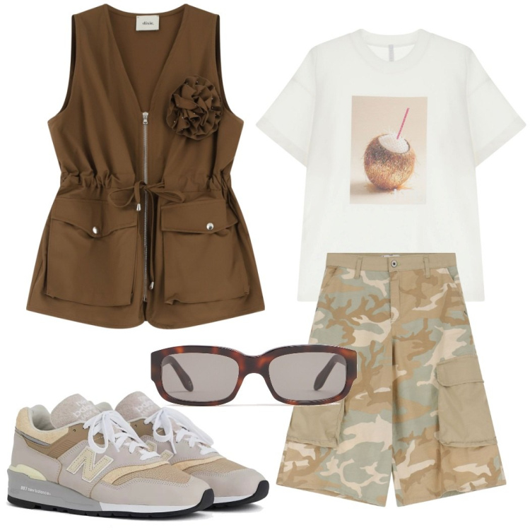 Outfit donna - Urban style. Stile Casual chic per Tutti i giorni. Abbinamento con sneakers, bermuda, t-shirt, gilet, occhiali da sole.