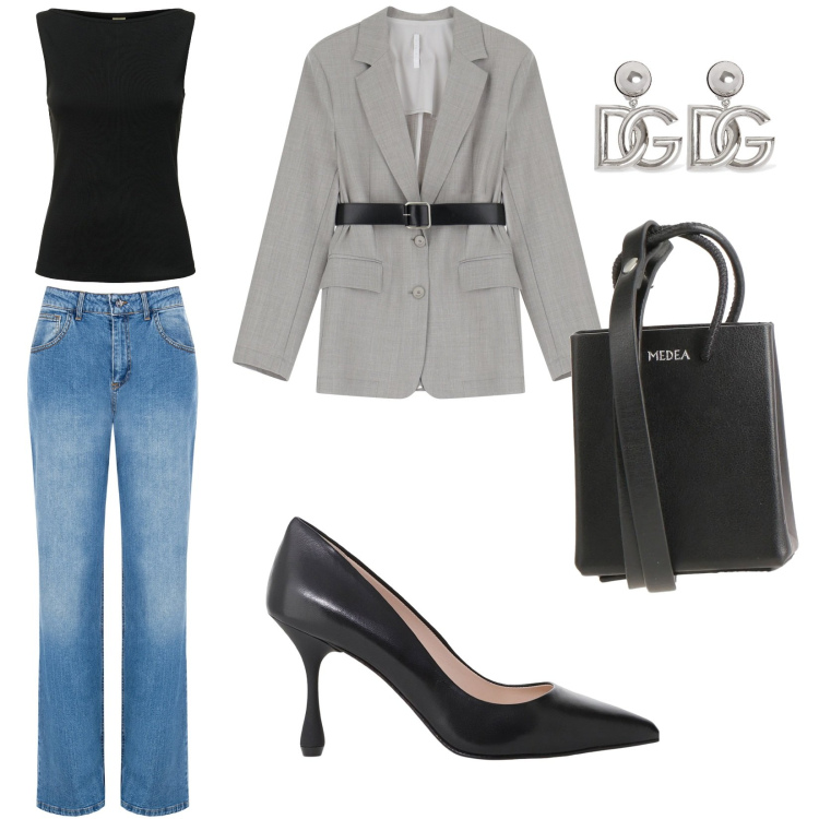 Outfit donna - Total look #2123143. Stile Casual per Ufficio. Abbinamento con borse a spalla, jeans, blazer, décolleté, orecchini, canottiere.