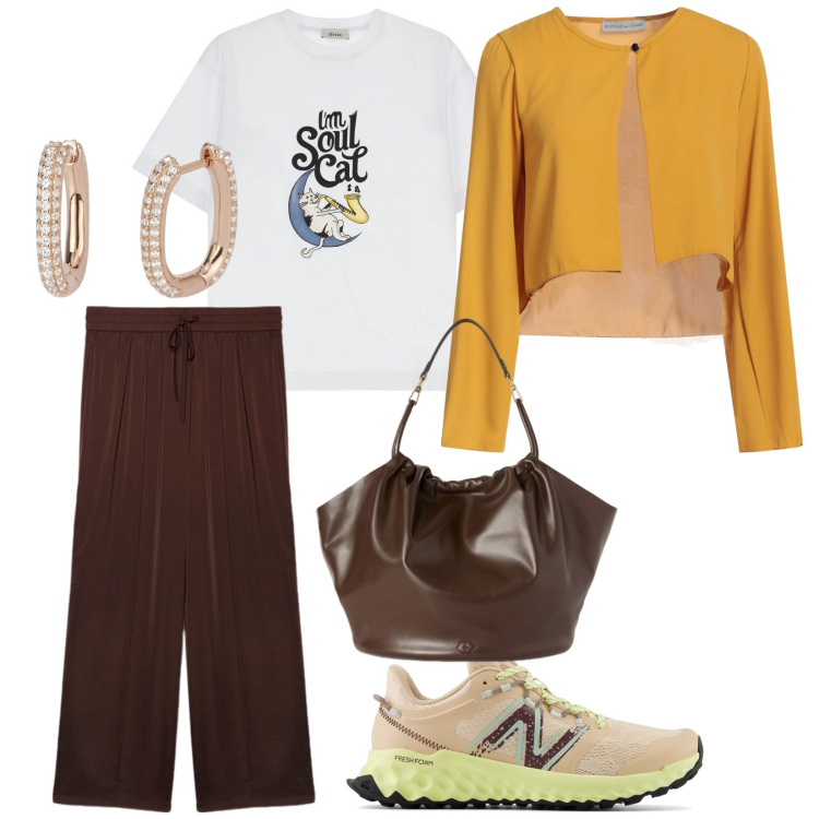 Outfit donna - Scarpe sportive. per Tutti i giorni. Abbinamento con blazer, orecchini, sneakers, t-shirt, pantaloni a palazzo, borse a secchiello.