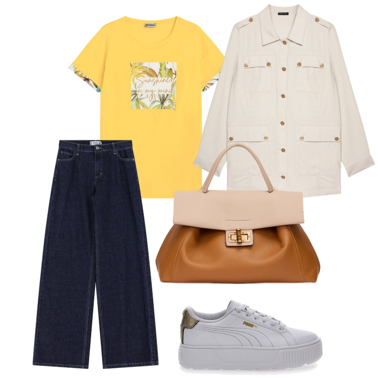 Outfit donna - Urban. per Tutti i giorni. Abbinamento con jeans a zampa, t-shirt, sneakers, blazer, borse a tracolla.