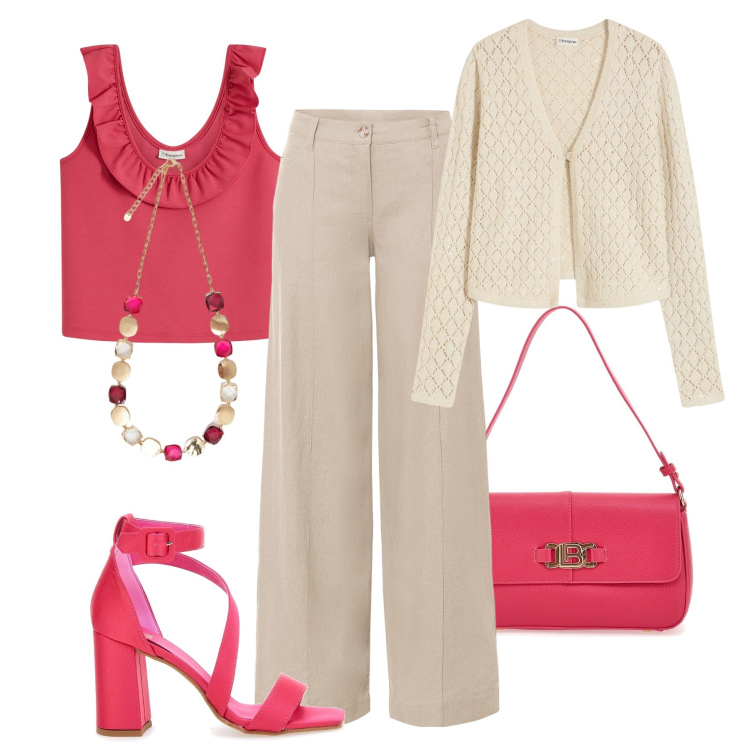 Outfit donna - Pronta per piu occasioni. Stile Glamour per Tutti i giorni. Abbinamento con pantaloni a palazzo, cardigans, top, collane, borse a spalla, sandali col tacco.