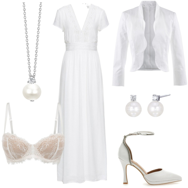 Outfit donna - Sposa a maggio: outfit € 213. Stile Chic per Cerimonia. Abbinamento con vestiti lunghi, blazer, reggiseni a balconcino, orecchini, collane, décolleté.