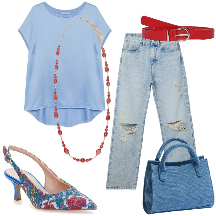 Outfit donna - Contrasti. Stile Casual chic per Ufficio. Abbinamento con jeans strappati, cinture, borse a tracolla, décolleté, bluse, collane.