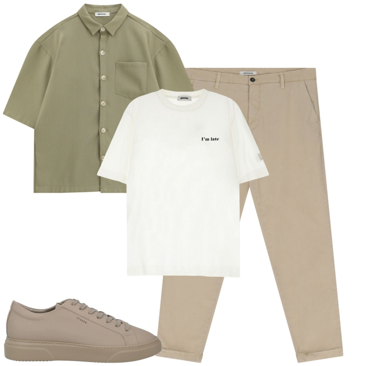 Outfit uomo - Total look #2123156. Stile Urban per Tutti i giorni. Abbinamento con sneakers, t-shirt, pantaloni chino, camicie a manica corta.