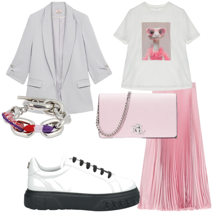 Outfit donna - Urban style. Stile Casual chic per Tutti i giorni. Abbinamento con sneakers, gonne lunghe, t-shirt, borse a tracolla, blazer, braccialetti.