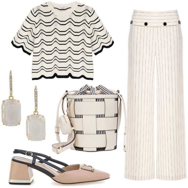 Outfit donna - Chic in vacanza. Stile Chic per Tutti i giorni. Abbinamento con pantaloni, orecchini, décolleté, borse a secchiello, maglieria.
