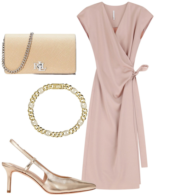 Outfit donna - Cerimonia in abito midi. Stile Chic per Cerimonia. Abbinamento con braccialetti, vestiti midi/longuette, borse a tracolla, décolleté.