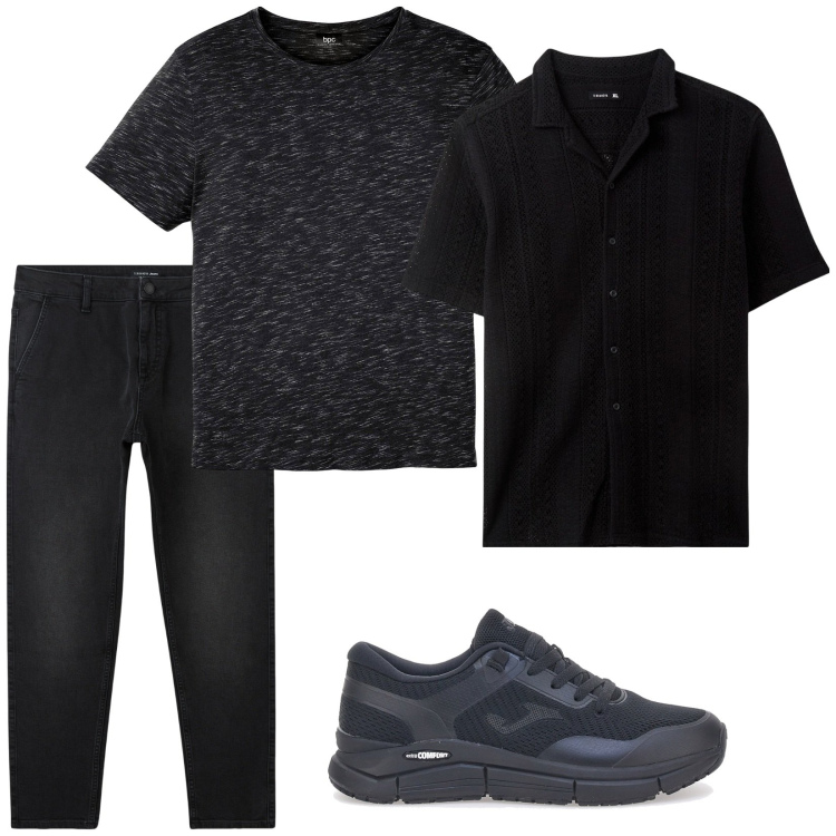 Outfit uomo - Black. Stile Urban per Tutti i giorni. Abbinamento con t-shirt, jeans, camicie a manica corta, sneakers.