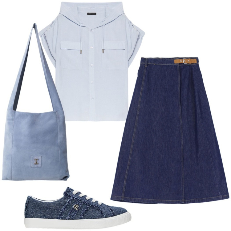 Outfit donna - Tempo libero. Stile Casual per Tutti i giorni. Abbinamento con gonne lunghe, borse a tracolla, sneakers, camicie a manica corta.