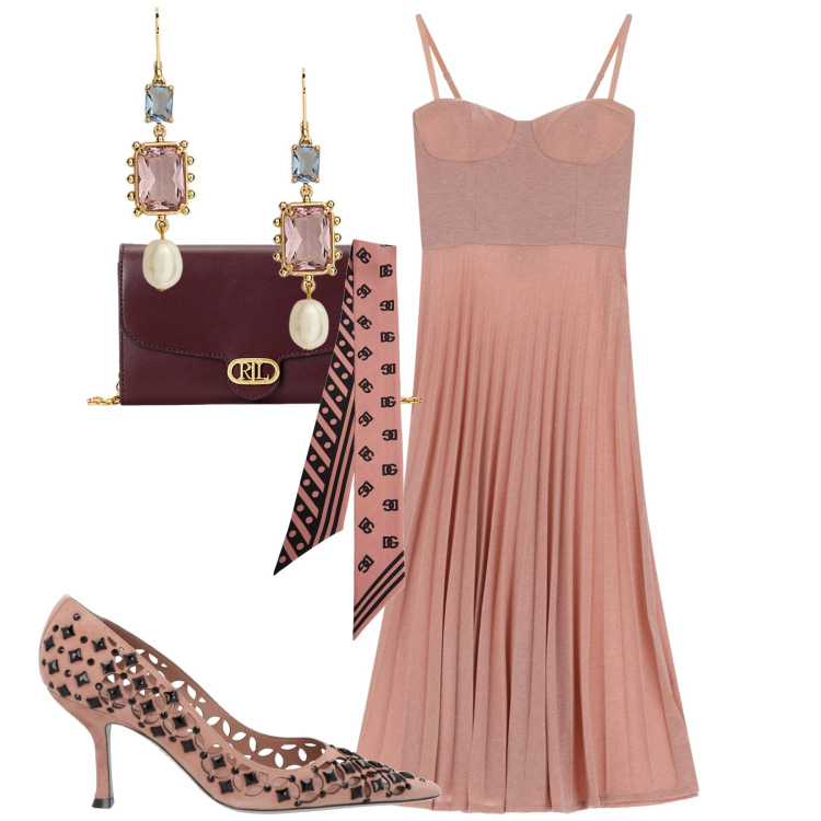 Outfit donna - Chic. Stile Chic per Tutti i giorni. Abbinamento con décolleté, vestiti midi/longuette, borse a tracolla, orecchini, foulard.