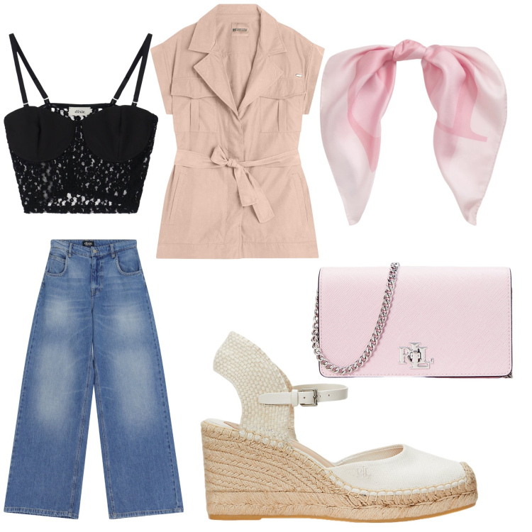 Outfit donna - Aperitivo. Stile Trendy per Tutti i giorni. Abbinamento con trench, jeans, top, espadrillas, borse a tracolla, foulard.