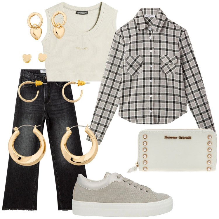 Outfit donna - Total look #2123172. Stile Urban per Tutti i giorni. Abbinamento con sneakers, orecchini, camicie, jeans, top, portafogli.