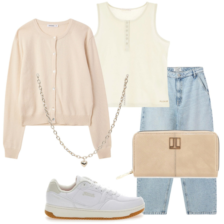 Outfit donna - Total look #2123175. Stile Casual per Tutti i giorni. Abbinamento con collane, jeans, cardigans, canottiere, sneakers, portafogli.