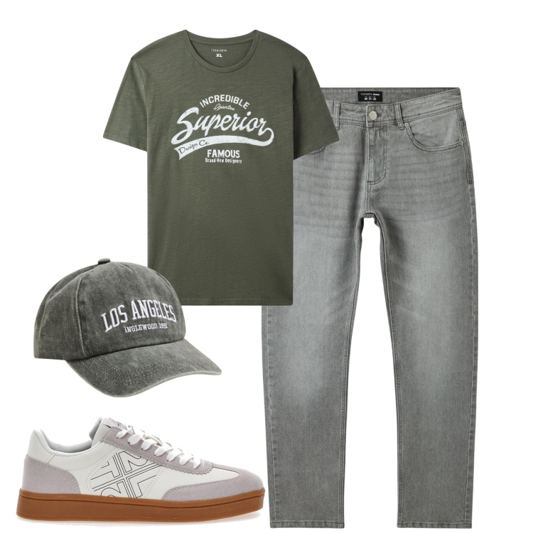 Outfit uomo - Total look #2123176. Stile Casual per Tutti i giorni. Abbinamento con cappelli, jeans, t-shirt, sneakers.
