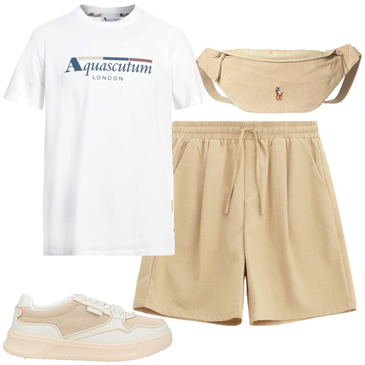 Outfit uomo - Weekend. Stile Casual per Tutti i giorni. Abbinamento con t-shirt, sneakers, bermuda, borse sportive.