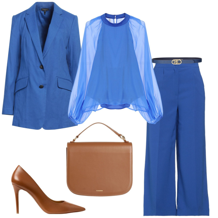 Outfit donna - Blu. Stile Casual chic per Tutti i giorni. Abbinamento con pantaloni, blazer, borse a mano, camicie, décolleté, cinture.