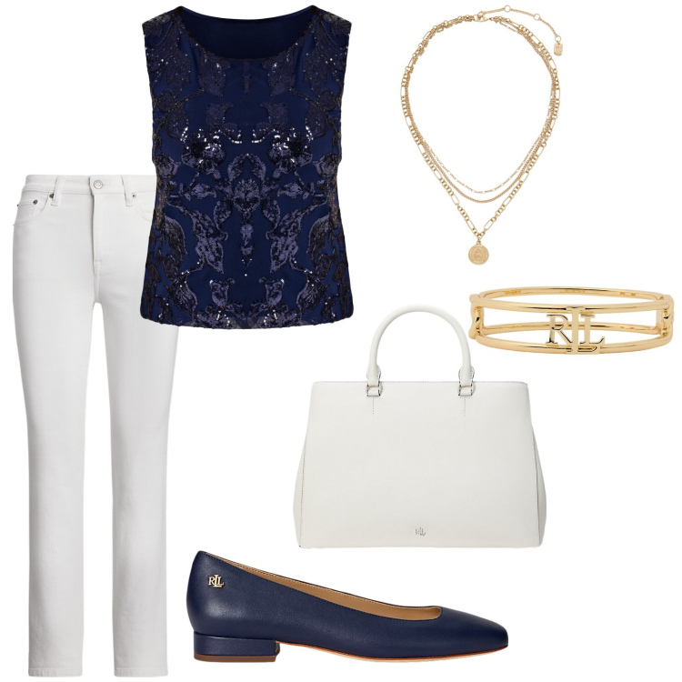 Outfit donna - Ufficio. Stile Casual chic per Ufficio. Abbinamento con top, ciondoli, ballerine, jeans dritti, braccialetti, borse a mano.