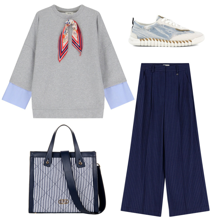 Outfit donna - Maglia grigia con foulard. Stile Casual per Tutti i giorni. Abbinamento con shopping bag, pantaloni a palazzo, felpe, sneakers.