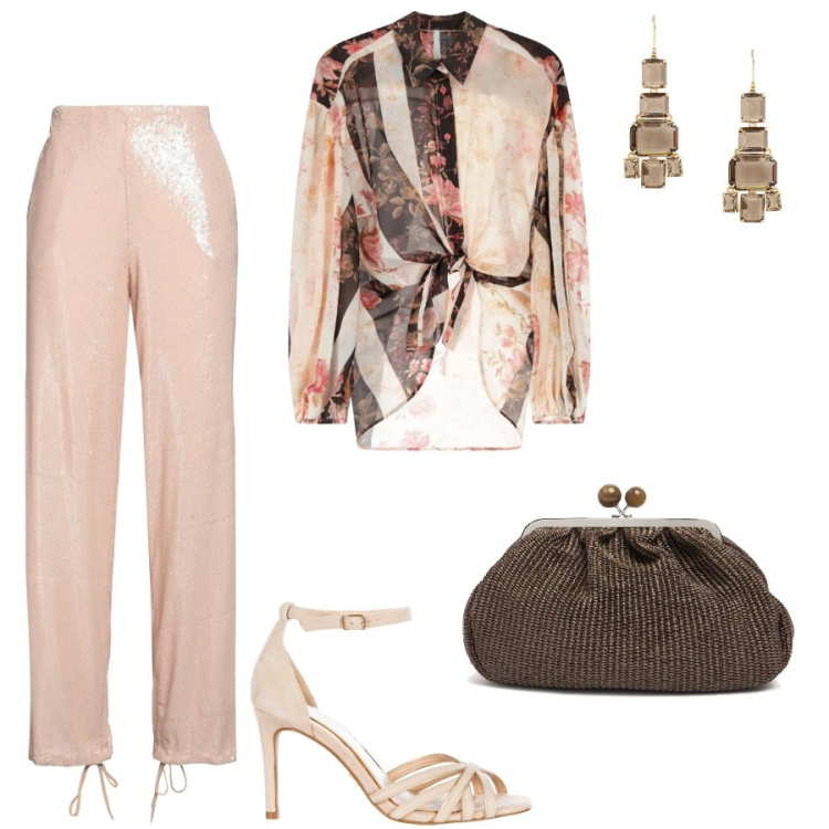 Outfit donna - Saturday night. Stile Glamour per Serata fuori. Abbinamento con pantaloni, sandali col tacco, camicie, orecchini, pochette.