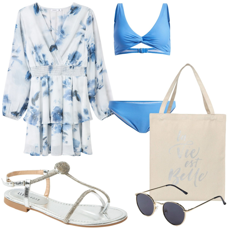 Outfit donna - Mare. Stile Trendy per Mare. Abbinamento con bikini, occhiali da sole, borse tote, vestiti, ciabatte.