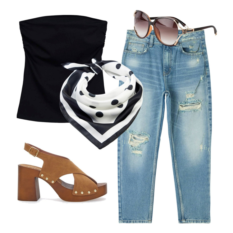 Outfit donna - Outfit casual. Stile Casual per Tutti i giorni. Abbinamento con occhiali da sole, foulard, jeans mom, top, zoccoli.