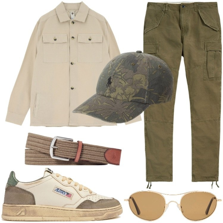 Outfit uomo - Comfort urbano. Stile Urban per Tutti i giorni. Abbinamento con camicie, cinture, pantaloni cargo, cappelli, sneakers, occhiali da sole.