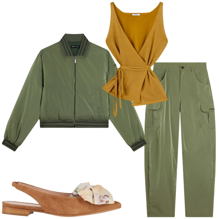 Outfit donna - Sporty chic. Stile Sporty chic per Serata fuori. Abbinamento con ballerine, pantaloni cargo, bomber, top.