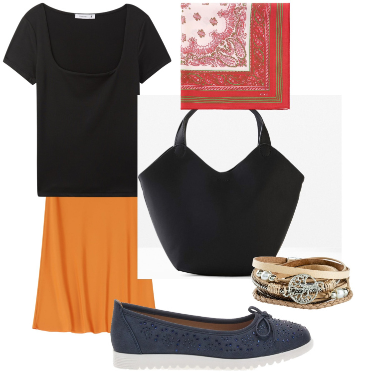 Outfit donna - Il bar della domenica. Stile Urban per Tutti i giorni. Abbinamento con braccialetti, borse a mano, t-shirt, gonne longuette, foulard, ballerine.