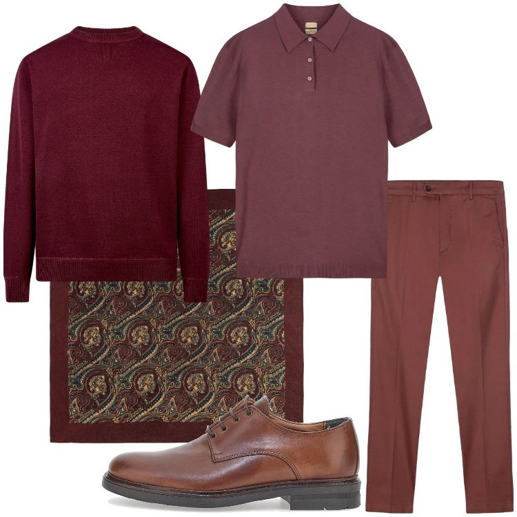 Outfit uomo - Granata. Stile Business/Elegante per Ufficio. Abbinamento con pantaloni chino, scarpe stringate, maglieria, polo, sciarpe e foulard.