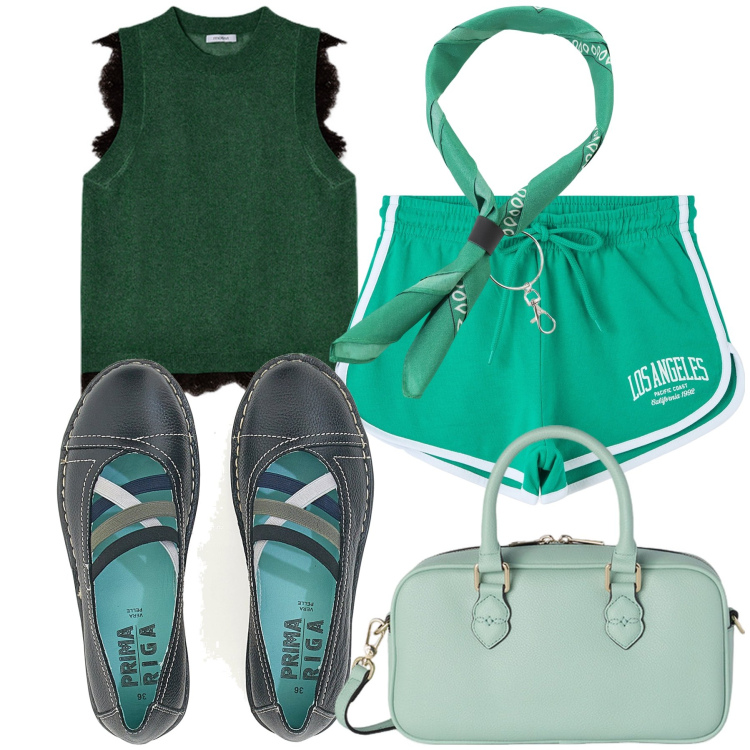Outfit donna - In verde al parco. Stile Casual chic per Tutti i giorni. Abbinamento con shorts, foulard, ballerine, borse a mano, top.