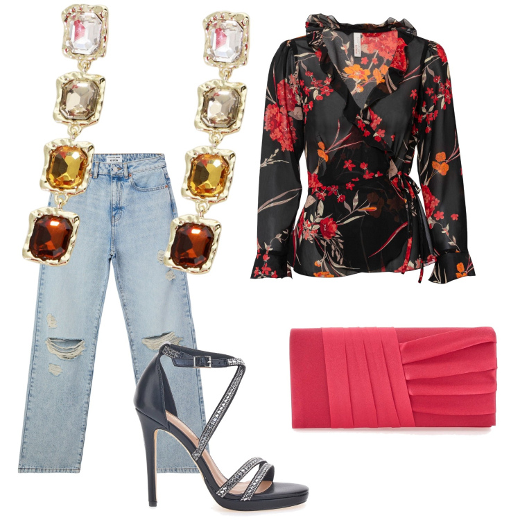 Outfit donna - Cocktail in jeans. Stile Glamour per Serata fuori. Abbinamento con bluse, jeans strappati, orecchini, sandali col tacco, pochette.