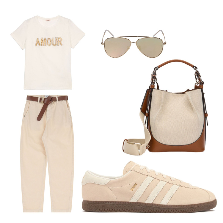 Outfit donna - Eleganti e comodi. Stile Casual per Scuola/Università. Abbinamento con pantaloni chino, sneakers, t-shirt, borse a mano, occhiali da sole.