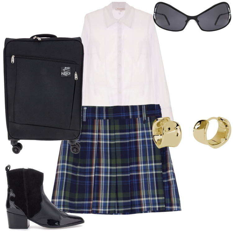 Outfit donna - Verso la Scozia. Stile Trendy per Tutti i giorni. Abbinamento con orecchini, camicie, minigonne, stivaletti texani, valigie, occhiali da sole.