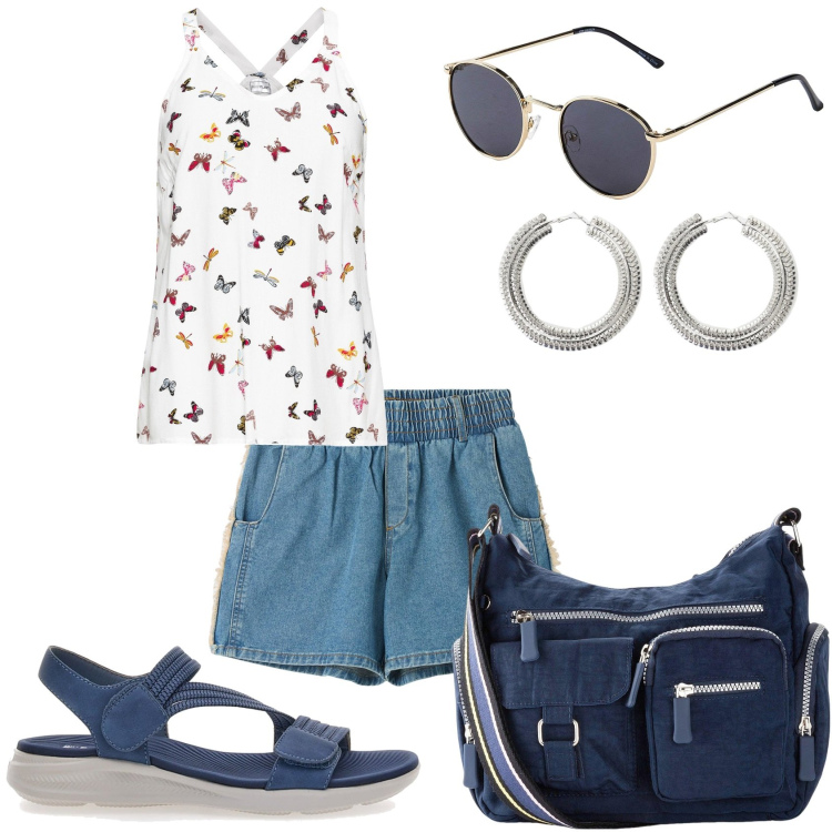 Outfit donna - In città per spese. Stile Casual per Tutti i giorni. Abbinamento con top, borse a tracolla, occhiali da sole, shorts, orecchini, sandali.