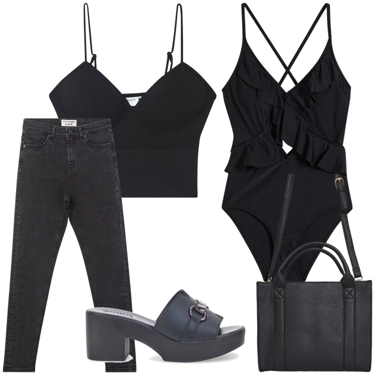 Outfit donna - L intero nero sempre giusto. Stile Chic per Mare. Abbinamento con costumi interi, top, jeans skinny, borse tote, zoccoli.