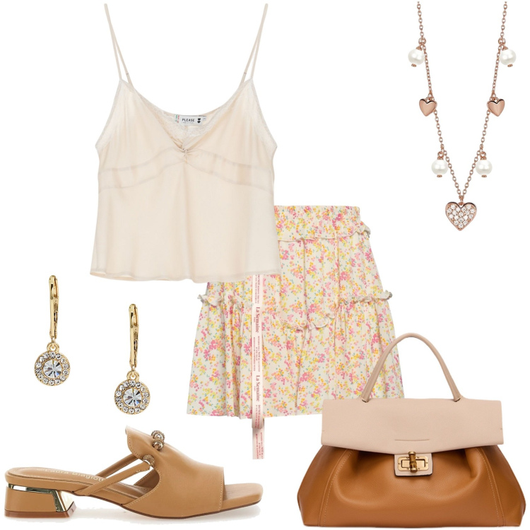Outfit donna - Romantica in città. Stile Romantica per Tutti i giorni. Abbinamento con minigonne, top, collane, orecchini, ciabatte, borse a tracolla.