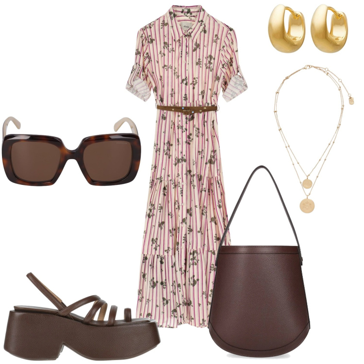 Outfit donna - Giornata in giro. Stile Glamour per Tutti i giorni. Abbinamento con orecchini, ciabatte, vestiti lunghi, ciondoli, occhiali da sole, borse a mano.