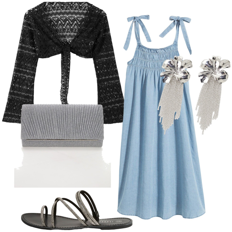 Outfit donna - Super romantica. Stile Romantica per Serata fuori. Abbinamento con vestiti midi/longuette, sandali, bolero, orecchini, pochette.